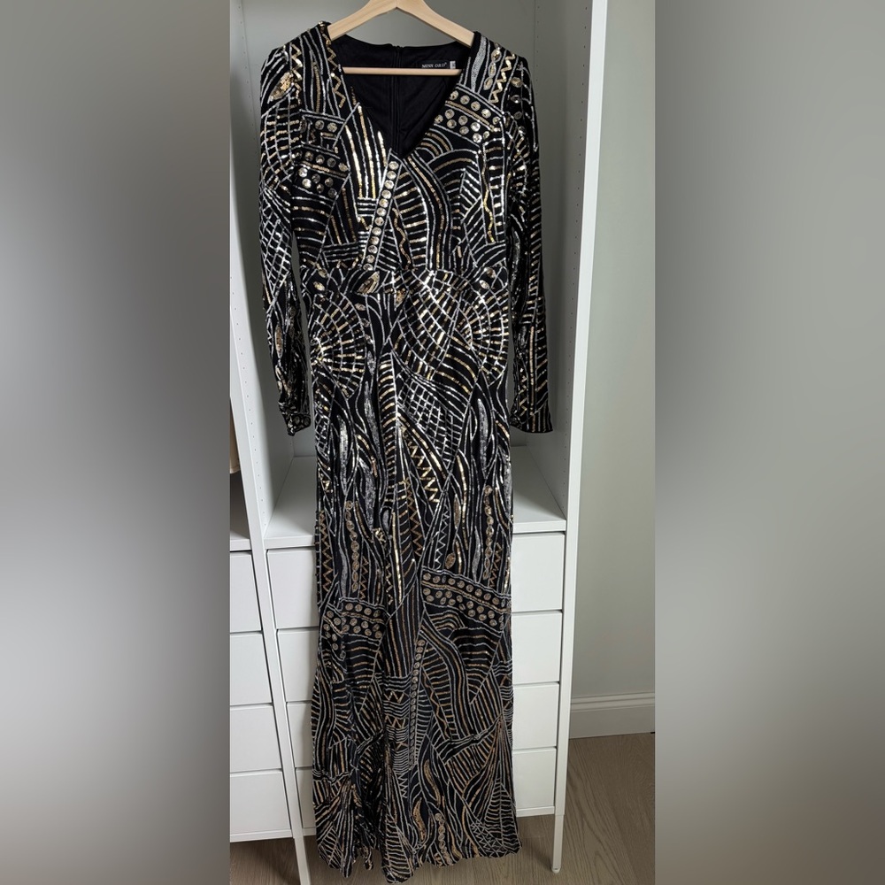 Long Sleeve Black Dress with Gold & Silver Sequin Pattern
